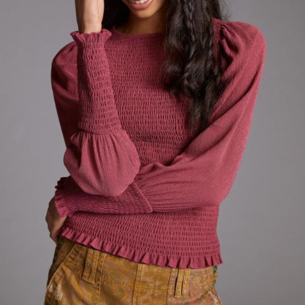 Anthropologie smocked puff sleeve blouse Rasberry